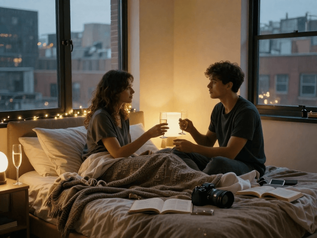 Couple exploring sex ai topics in a cozy urban bedroom atmosphere.
