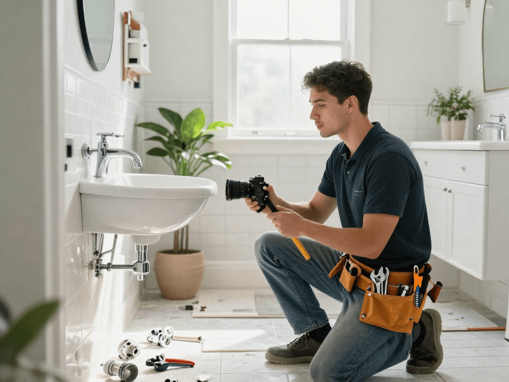 Plumbing service Fort Worth highlighted as plumber upgrades a stylish bathroom, enhancing home functionality.