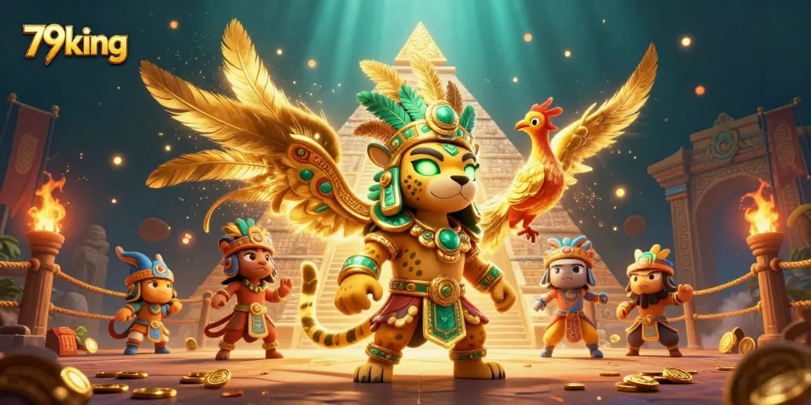79king showcases a vibrant Mayan gambling scene with a jaguar priest and golden bird.