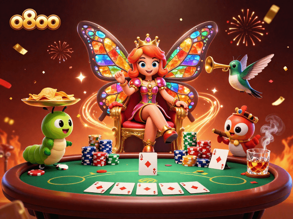 Experience the excitement of o8oo with a vibrant casino-themed illustration featuring a butterfly queen and gameplay action.