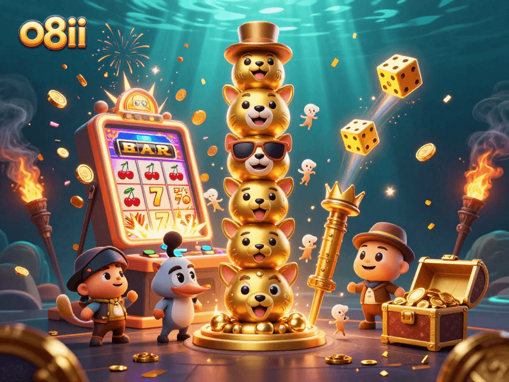 Join the excitement of o8ii with vibrant 3D casino elements bursting with winnings and immersive visuals.