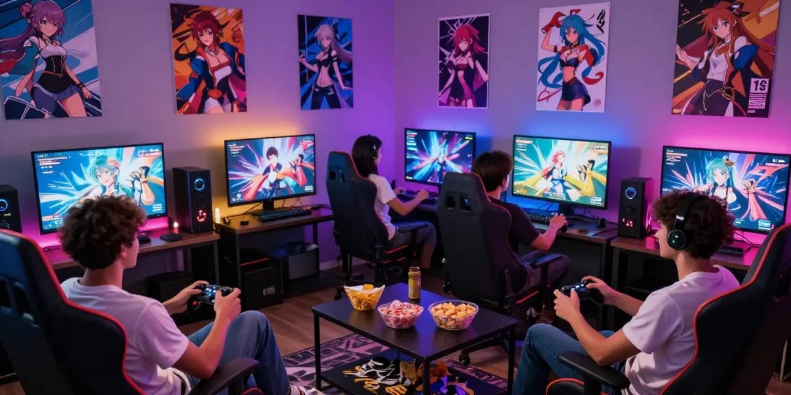 Friends enjoying hentai games together in a vibrant gaming setup.