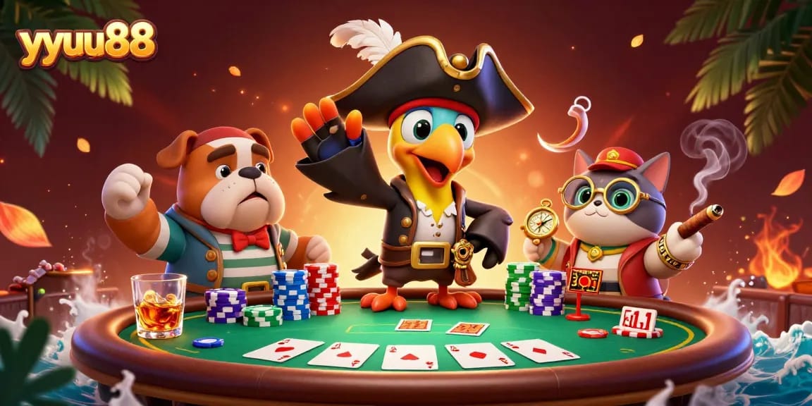Experience high-stakes fun with yyuu88 featuring a vibrant scene of animated pirates playing poker.