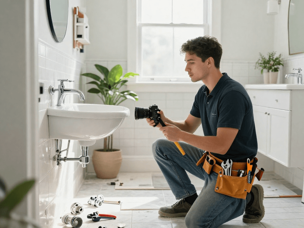 Plumbing service Fort Worth highlighted as plumber upgrades a stylish bathroom, enhancing home functionality.