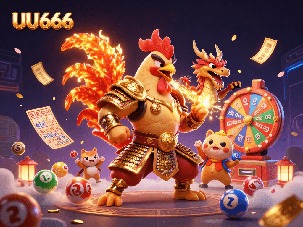 Join the fun at UU666 with a vibrant scene featuring a fighting rooster, armored dragon, and lively gambling elements.