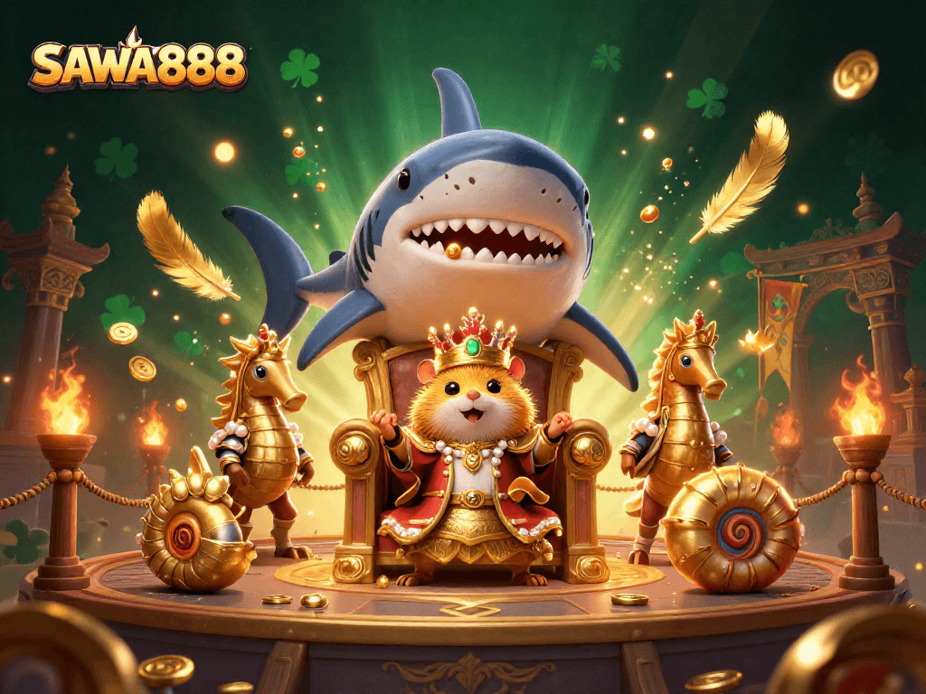 Experience the excitement of SAWA888 with a vibrant 3D casino scene featuring a golden hamster king and dynamic gaming elements.