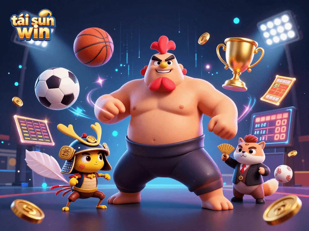 Engage in thrilling action with tải sun win featuring dynamic sports elements and three vibrant characters.