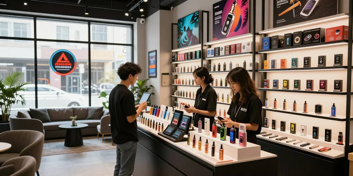 Customer exploring rokok 88 products in a modern smoke shop, stylish interior with vibrant displays.