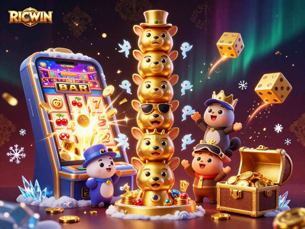 Experience thrilling wins with RICWIN at a vibrant casino, showcasing dynamic slot machines and gold coins.