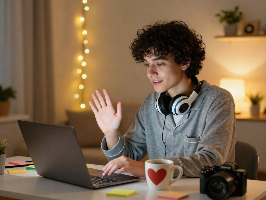 Engaging sexchat moment with young person in cozy home workspace.