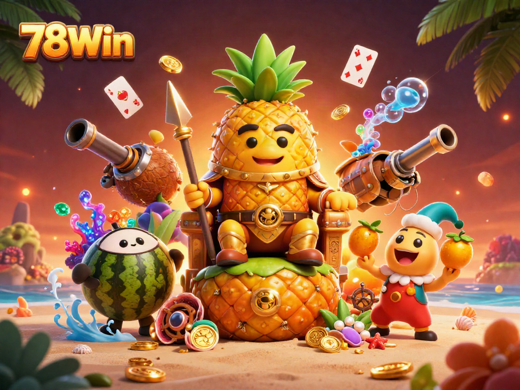 Engage with 78Win's vibrant casino scene showcasing a majestic pineapple king and lively characters amidst a treasure-filled background.