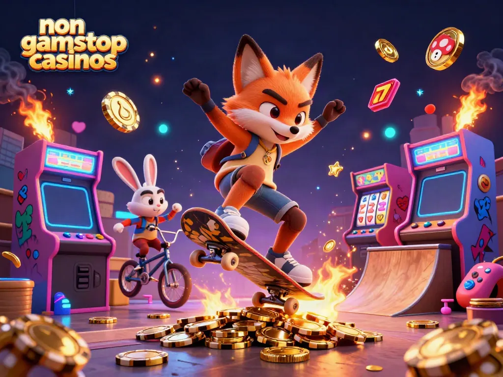 Engage with vibrant non gamstop casinos scene featuring a skateboarder fox and BMX-riding rabbit amid colorful casino elements.