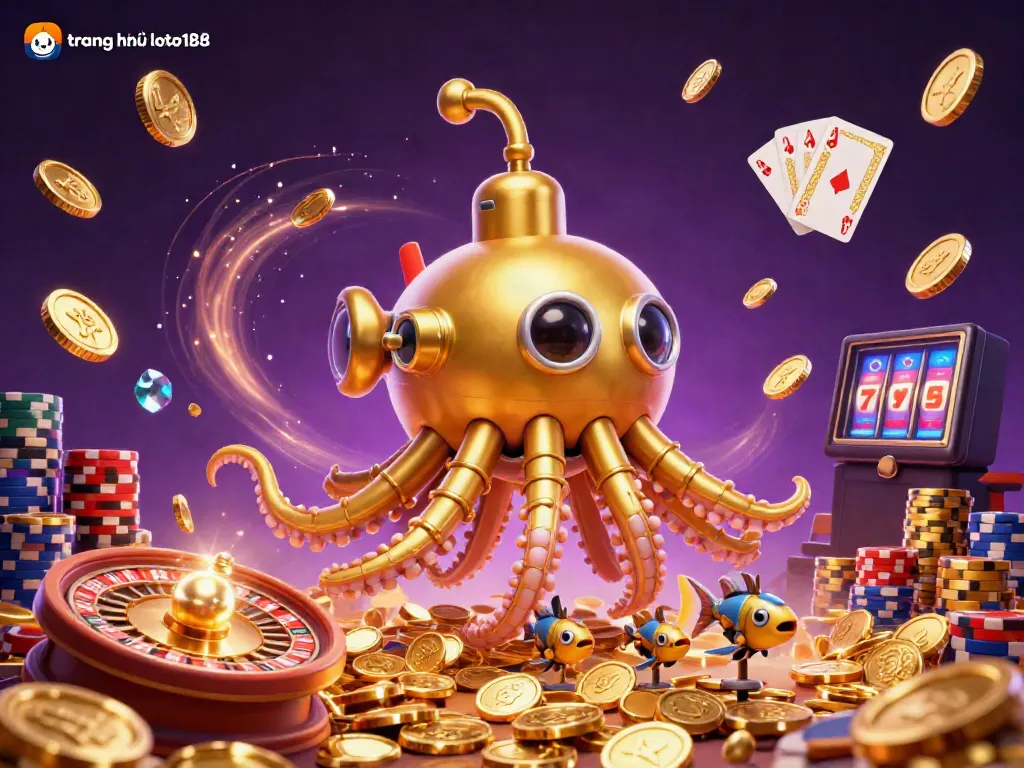 Engaging 3D illustration of trang chủ loto188 with a golden kraken submarine and vibrant casino elements.