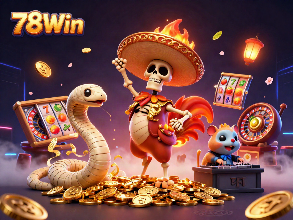 Win big with 78Win at the lively casino featuring a skeleton mariachi rooster and vibrant game elements.