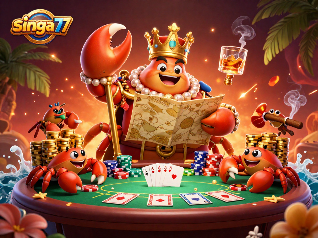 Singa77's vibrant casino scene with a golden crab emperor and poker excitement.
