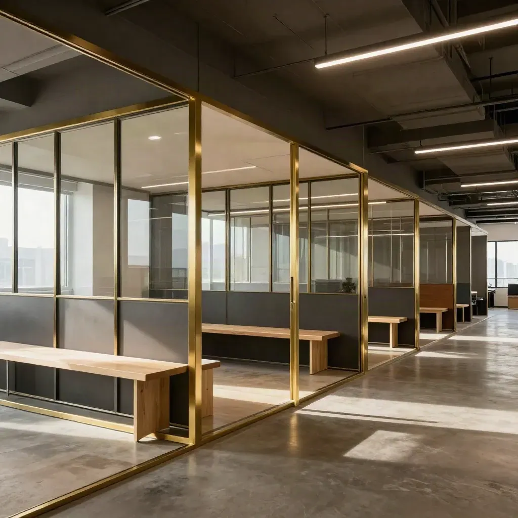 Investor-ready office fit-out with glass pods, timber benches and brass accents in cinematic low light.