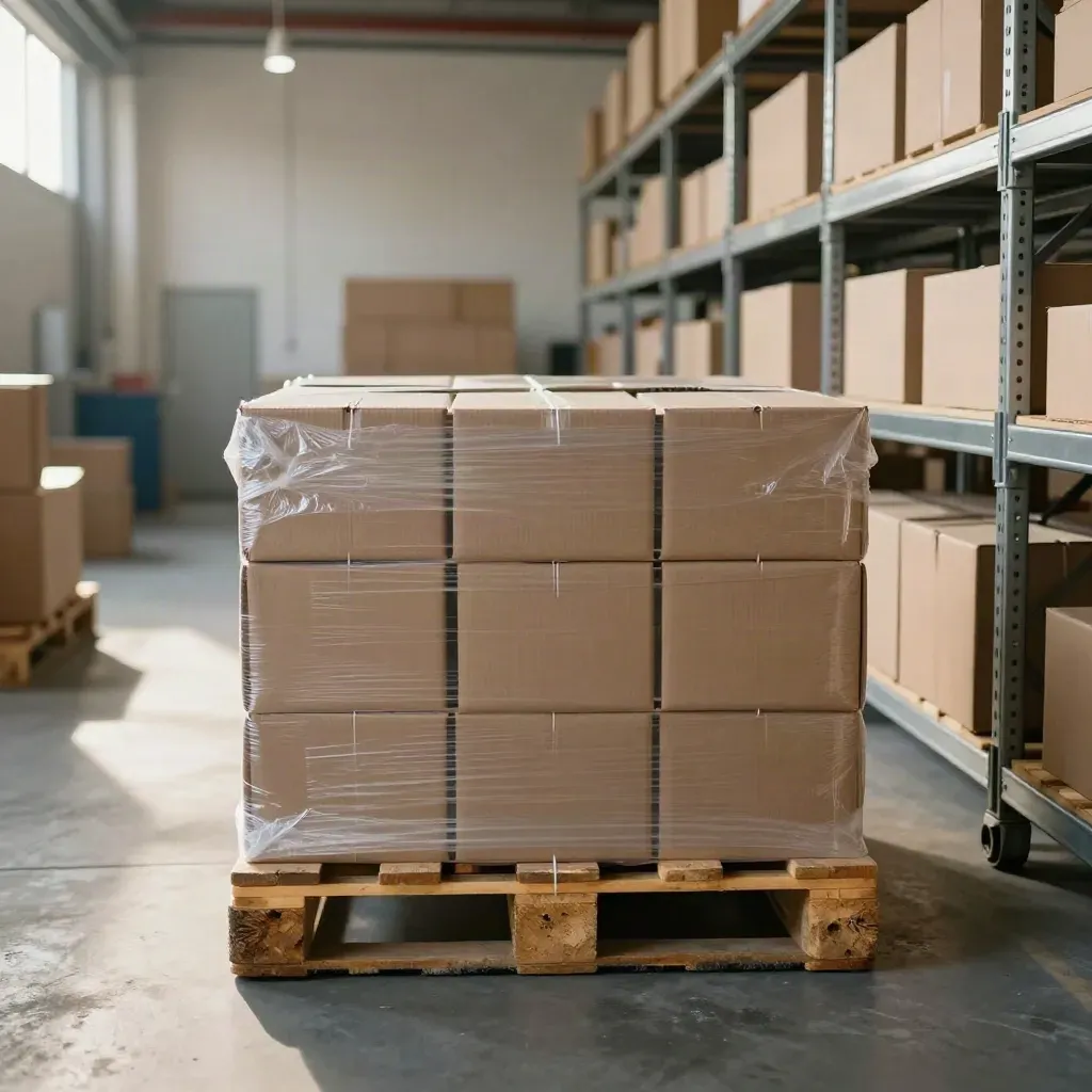 Shrink-wrapped pallet of cartons in a sunlit stockroom aisle, steel shelving and warehouse haze.