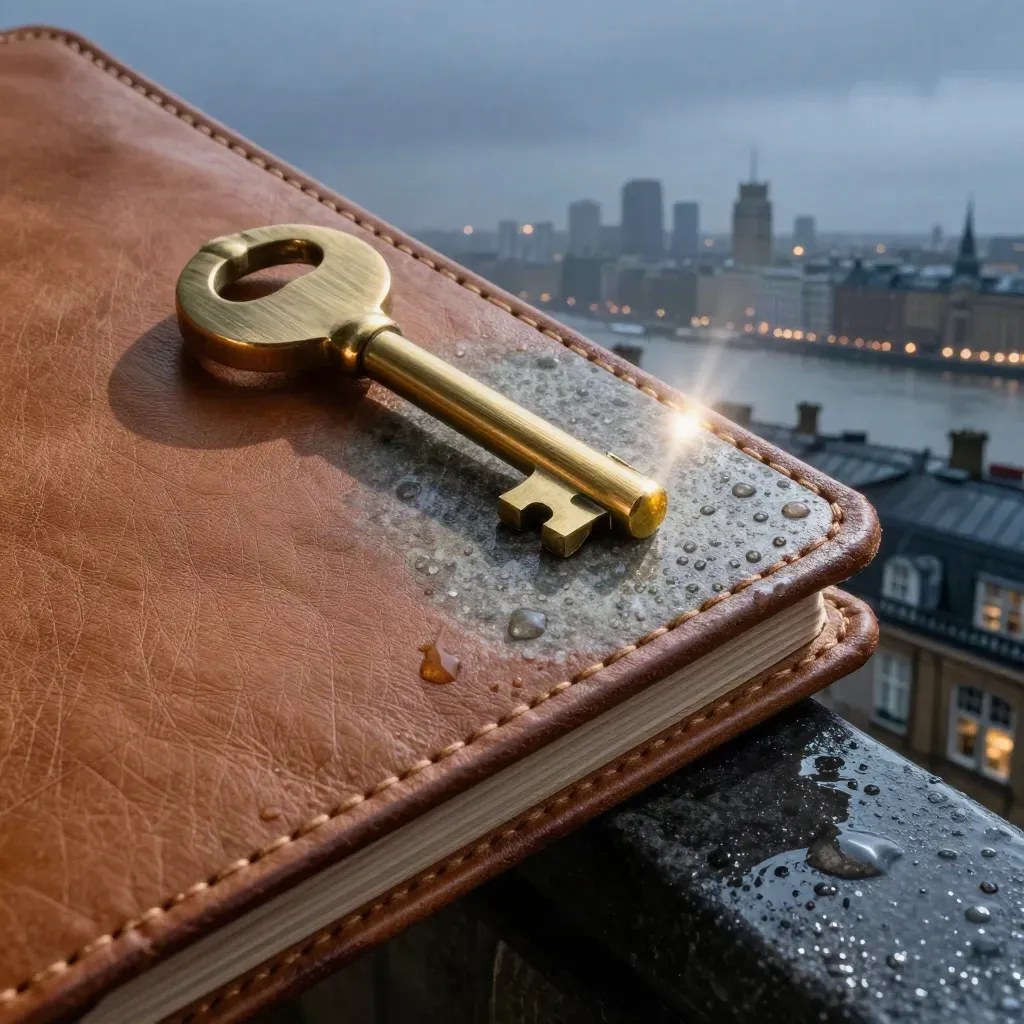 Wet London rooftop still life with leather portfolio, brass bridge model, and skyline haze at blue hour
