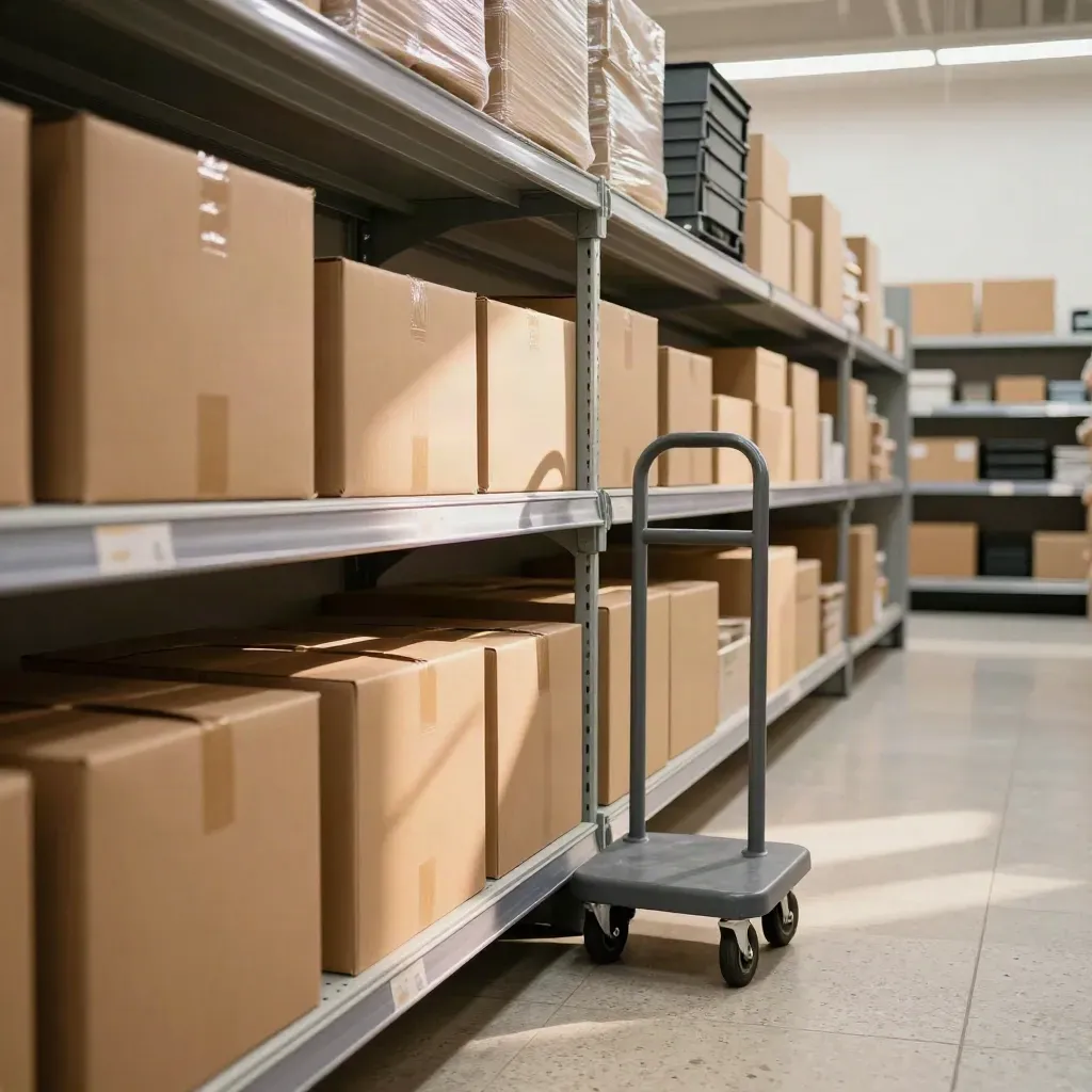Retail backroom shelves stacked with cartons and a handcart in warm window light.