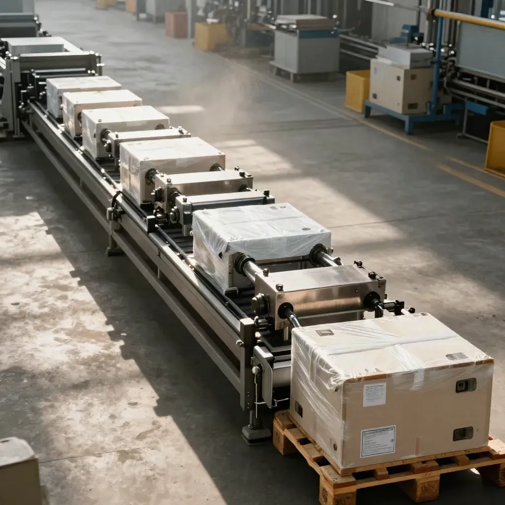 Industrial factory line moving finished units toward sealed export crates at the dock.