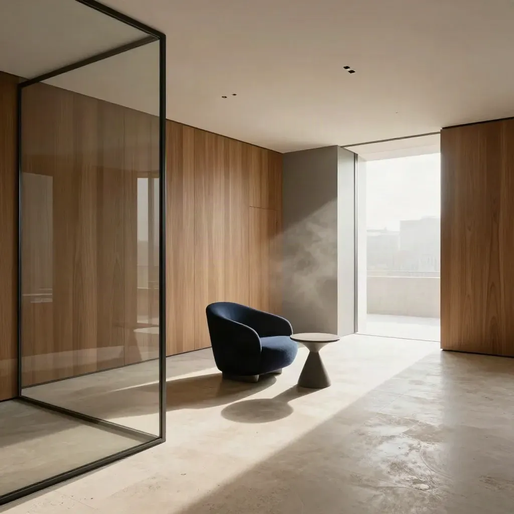 Sale-ready empty office suite with polished floor, navy accent chair and bright doorway.