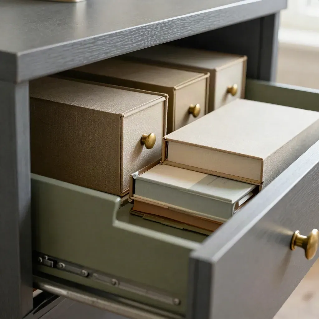 Close-up of archival drawers, colour tabs, and inspection bench in a finance records cabinet.