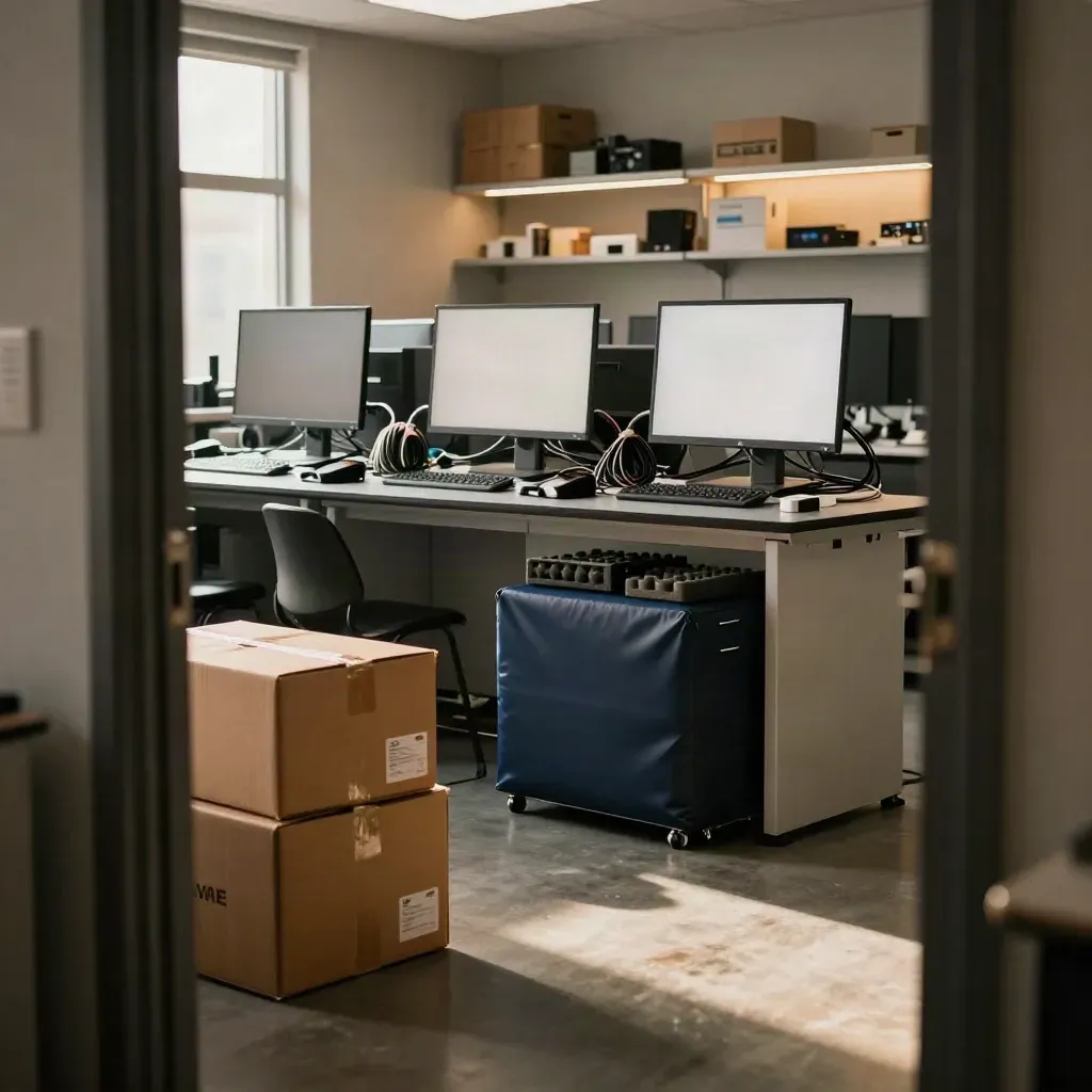Empty startup lab with wrapped demo stations, cartons, and hardware ready for rollout