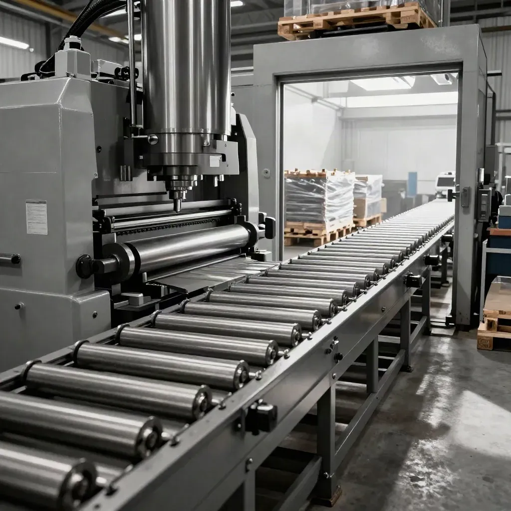 Empty factory line with conveyors carrying finished components toward dispatch.