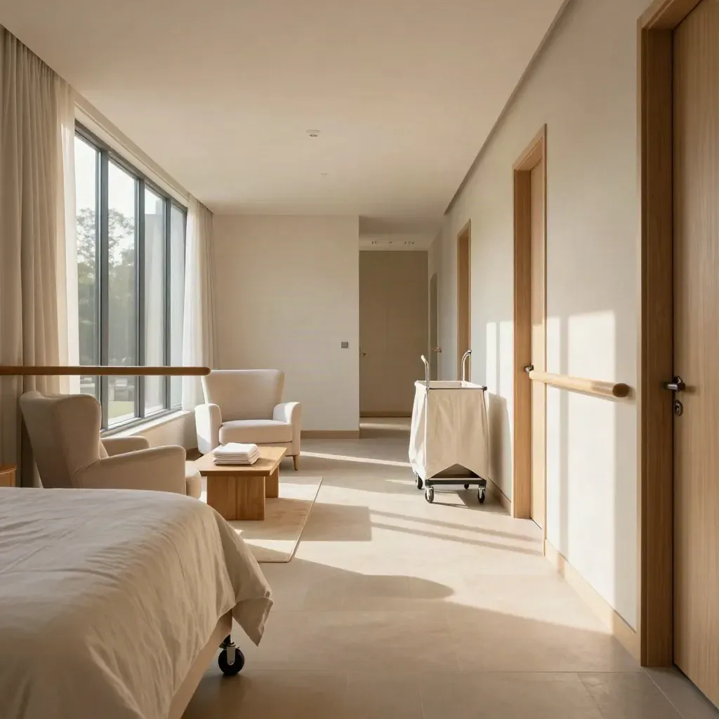 Bright empty care-home extension with linen armchairs, soft seating and a sunlit corridor.