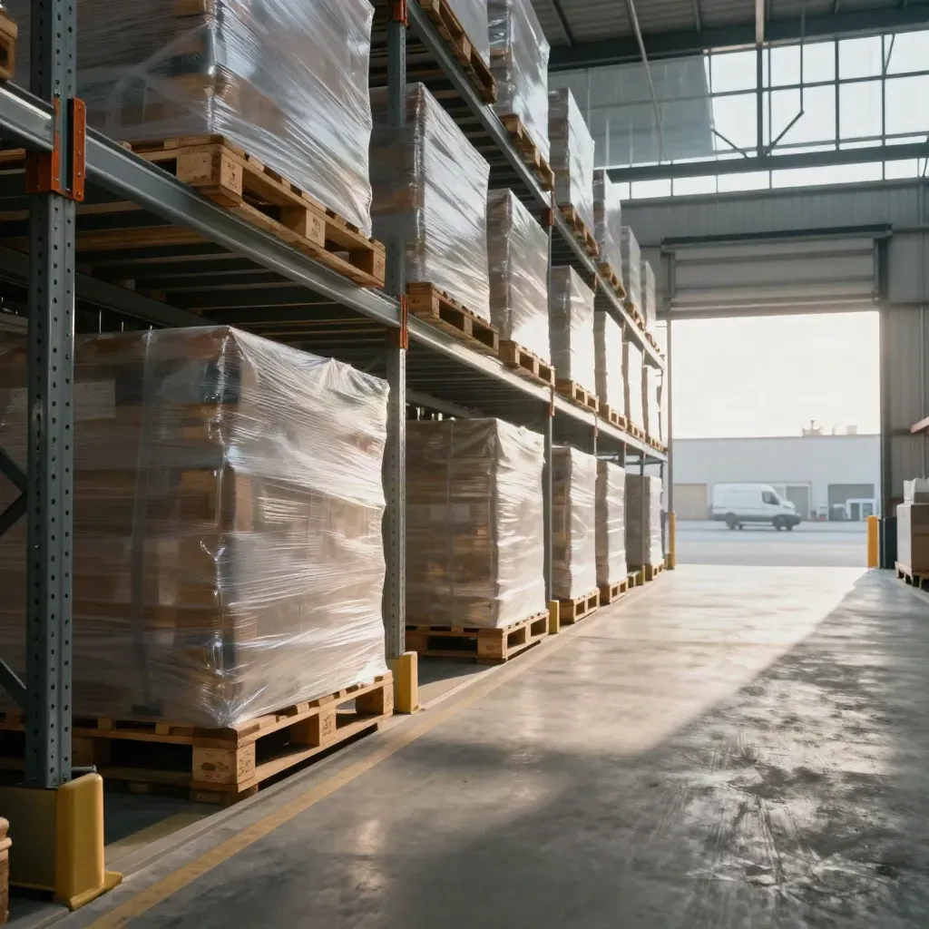 Empty logistics warehouse with pallets, racking and bright van bay seen from mezzanine.