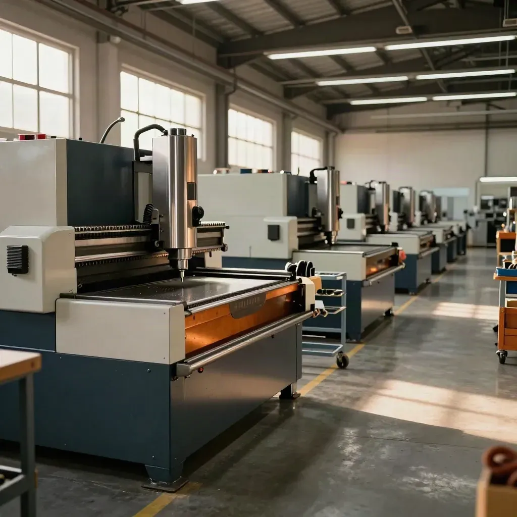 Empty precision workshop with gleaming machines, clean concrete floors and warm late-day light.