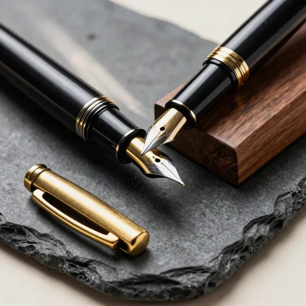 Macro still life of a fountain pen, walnut block and brass letter opener on dark stone.