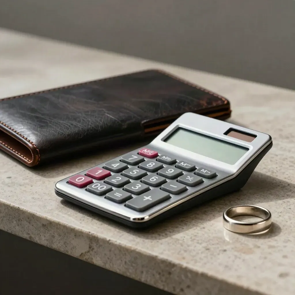 Chrome calculator, dark leather folio and steel ring on a stone shelf in dramatic studio light.