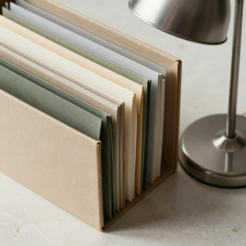 Archive box, colour tabs and lamp base in a due-diligence workspace, viewed from above.
