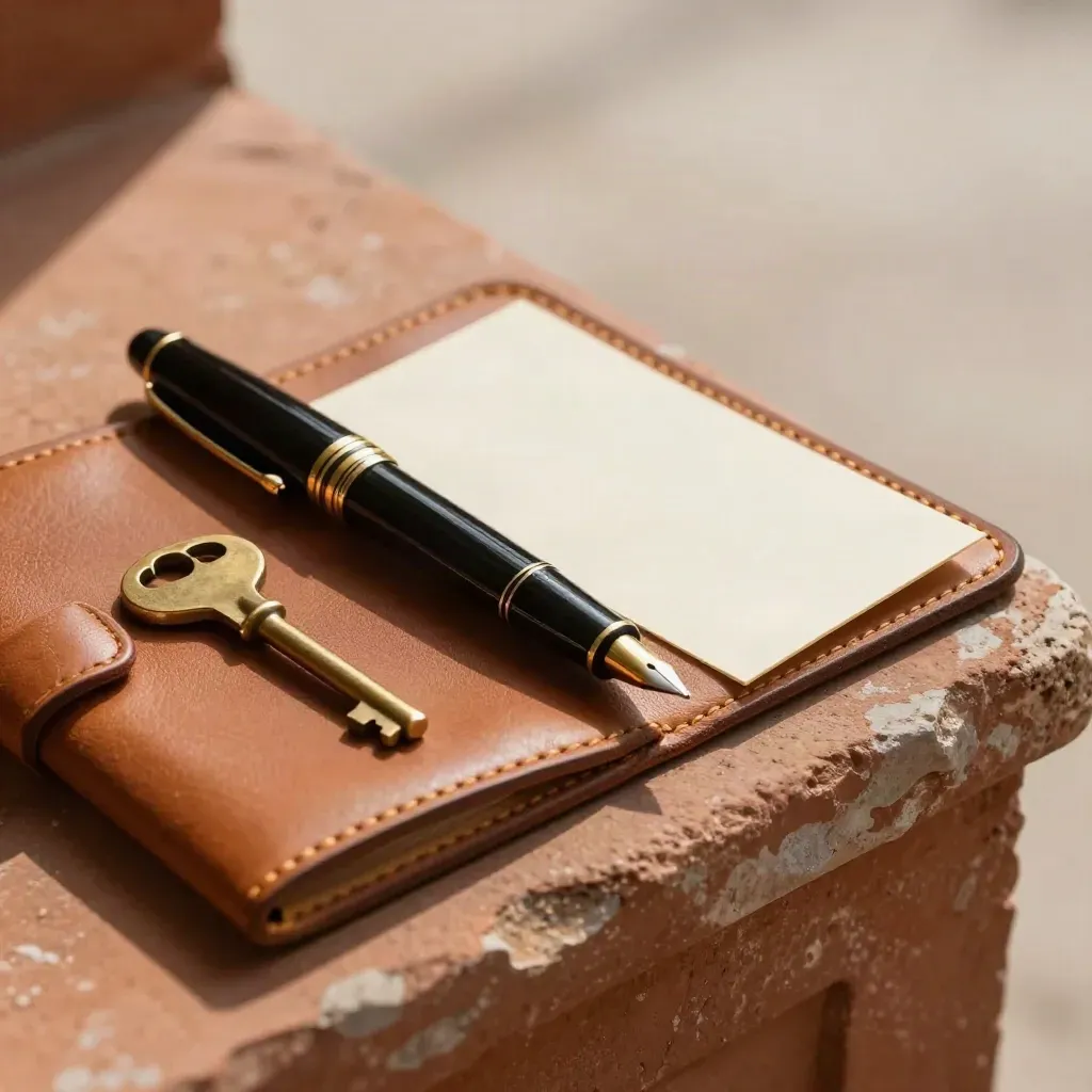 Fountain pen, brass key and leather portfolio clasp on terracotta plaster in soft daylight.
