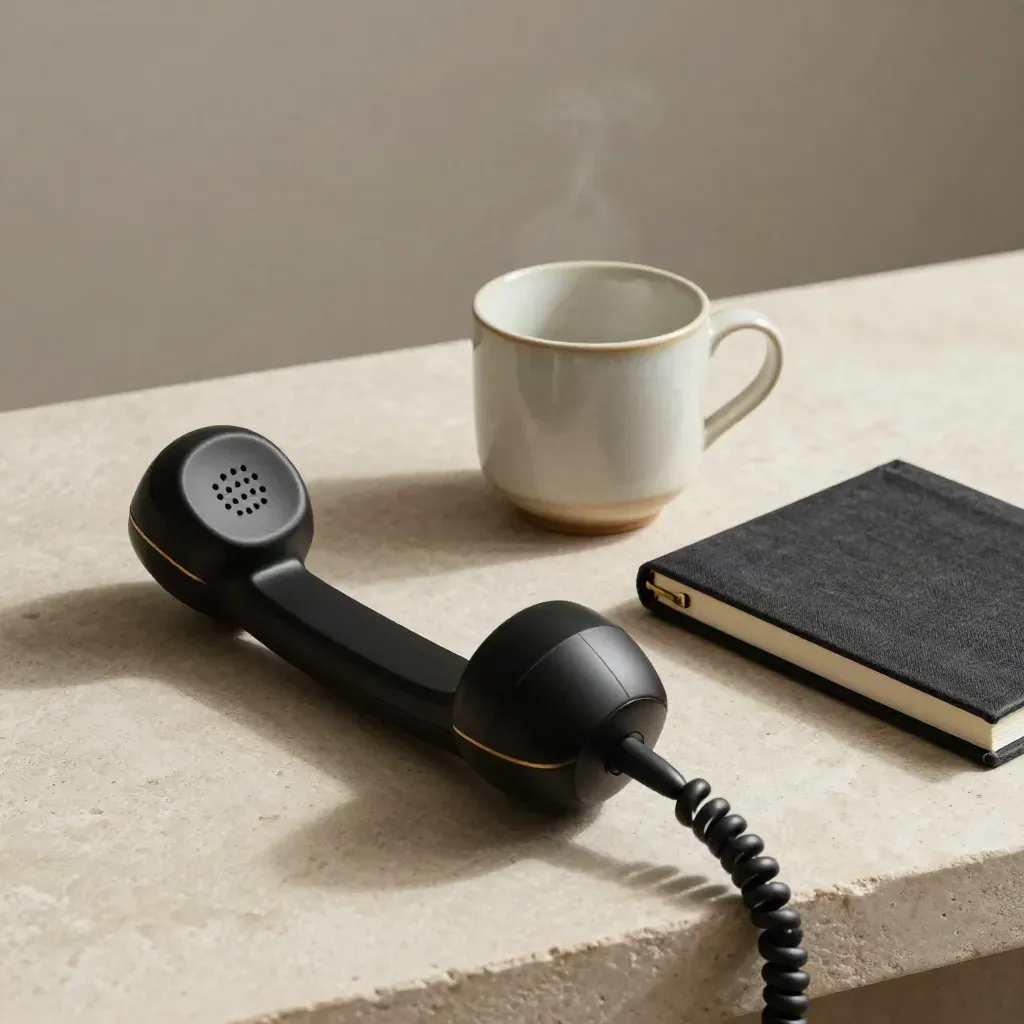Black handset, ceramic cup and closed notebook on stone in a premium finance still life.