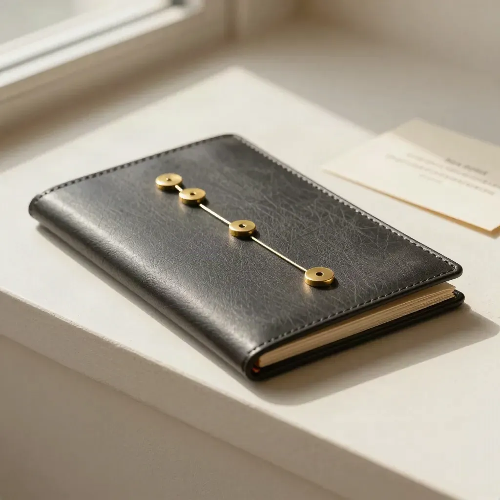 Brass markers and tabbed portfolio on a pale plaster ledge, lit by soft window haze.