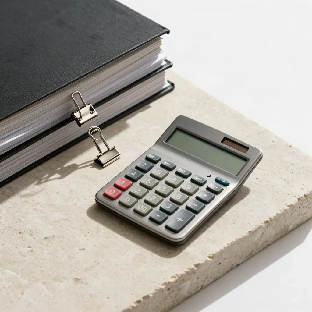 Overhead finance flatlay with calculator, archive clips and a banded stack on limestone