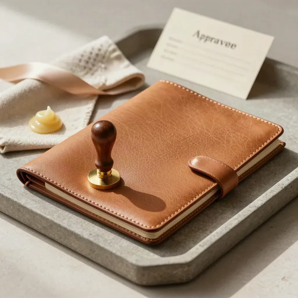 Closed leather folio, brass seal press, and ribbon on a stone tray in soft studio light.