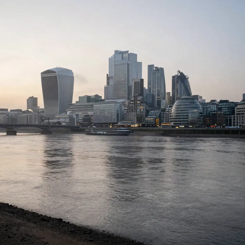 Canary Wharf skyline over the Thames at blue hour, with mist, bridge silhouettes, and gold city lights.