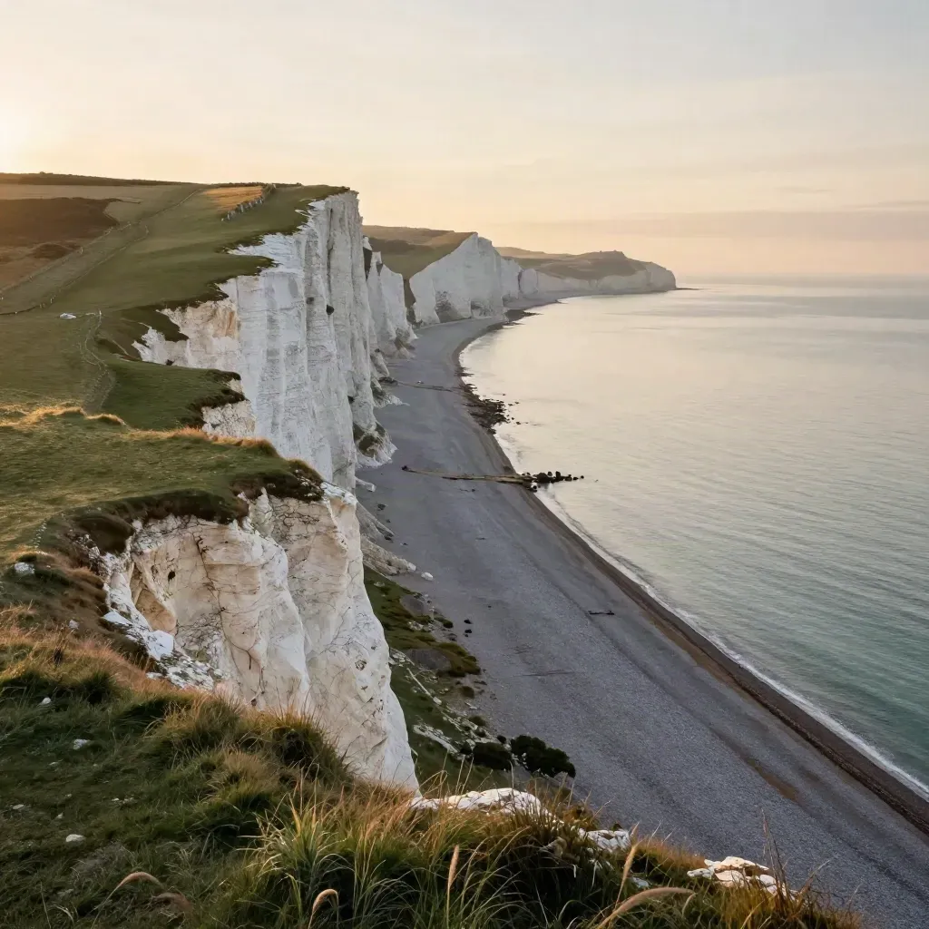 Golden chalk downs above a misty South East coast at sunrise