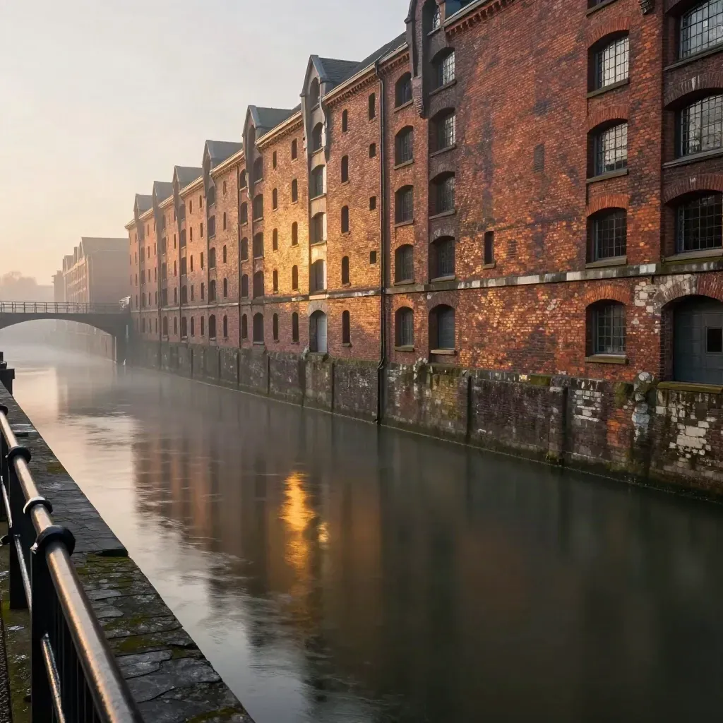 Sunlit West Midlands canal warehouses and a distant viaduct above calm misty water at sunset
