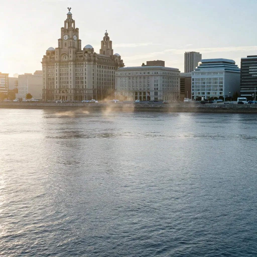 Liverpool waterfront at golden hour with the Liver Buildings above calm Mersey water and estuary haze