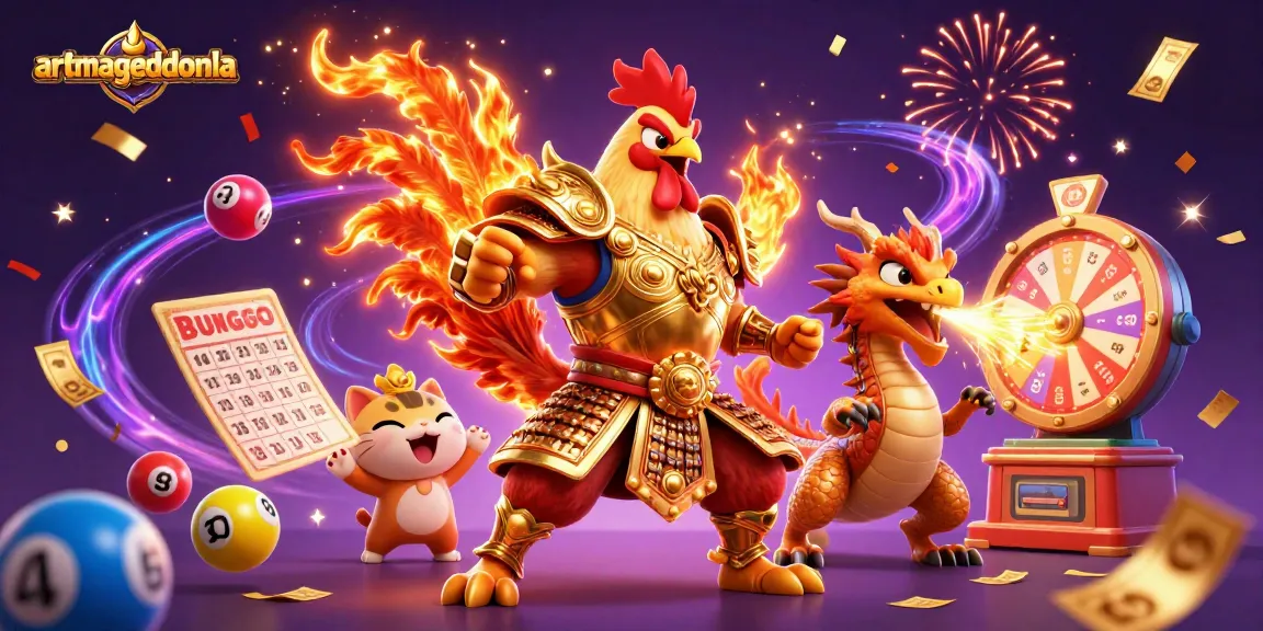 Engage in thrilling gameplay at artmageddonla with a fighting rooster warrior amidst colorful casino elements.