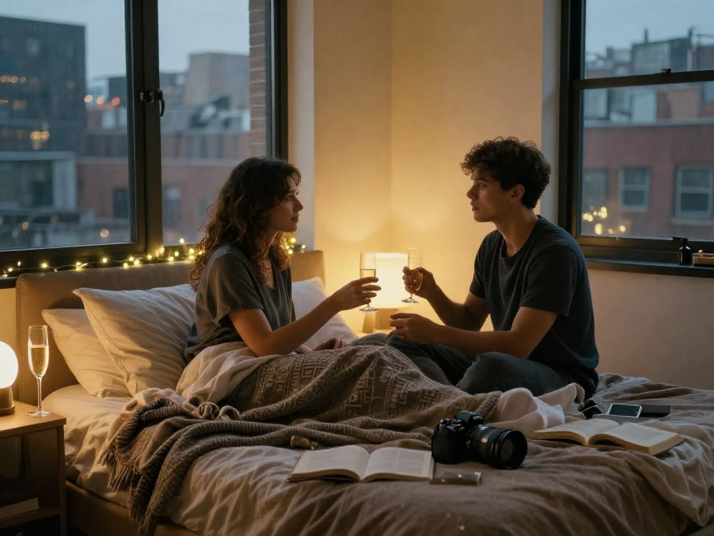 Couple exploring sex ai topics in a cozy urban bedroom atmosphere.