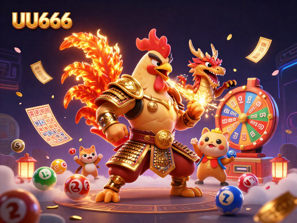 Join the fun at UU666 with a vibrant scene featuring a fighting rooster, armored dragon, and lively gambling elements.