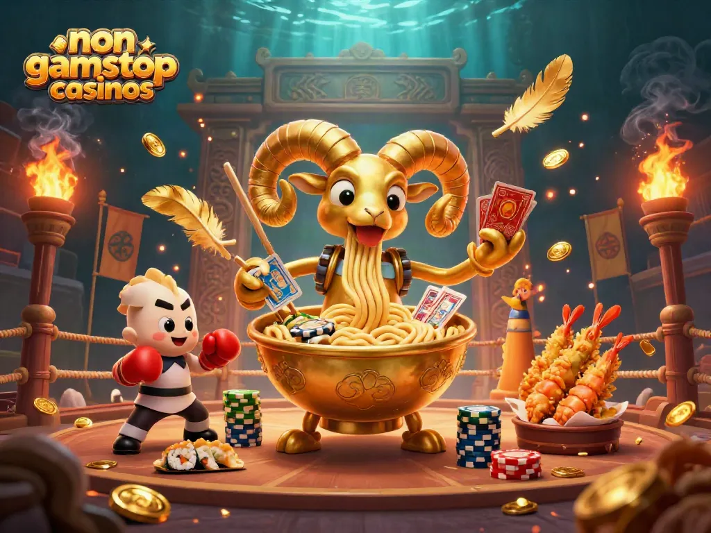Engage with non gamstop casinos in an ultra-detailed battle scene with vibrant 3D cartoon characters and casino elements.
