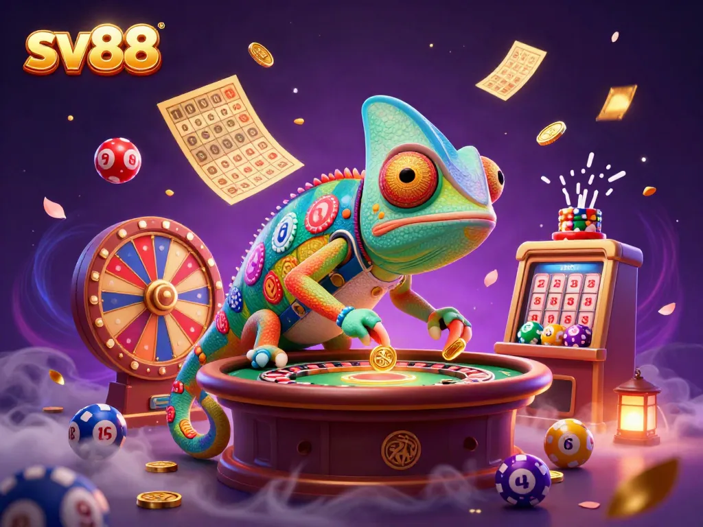 Engage in exciting gambling with sv88, featuring a chameleon casino owner amidst vivid lottery balls and golden tickets.