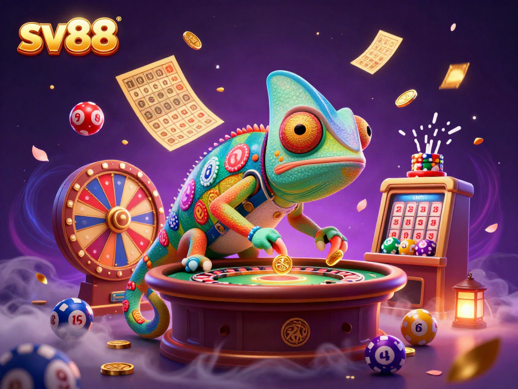 Engage in exciting gambling with sv88, featuring a chameleon casino owner amidst vivid lottery balls and golden tickets.