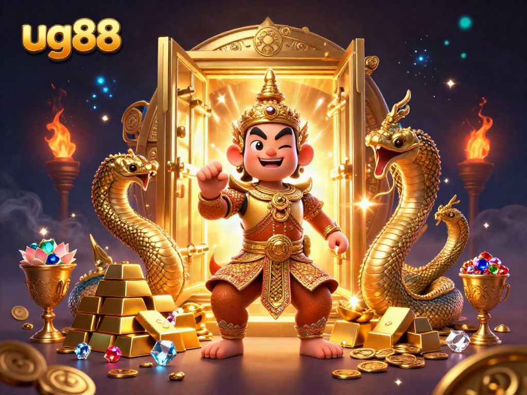 Experience thrilling wins at ug88 with colorful casino guardians and a golden treasure scene.